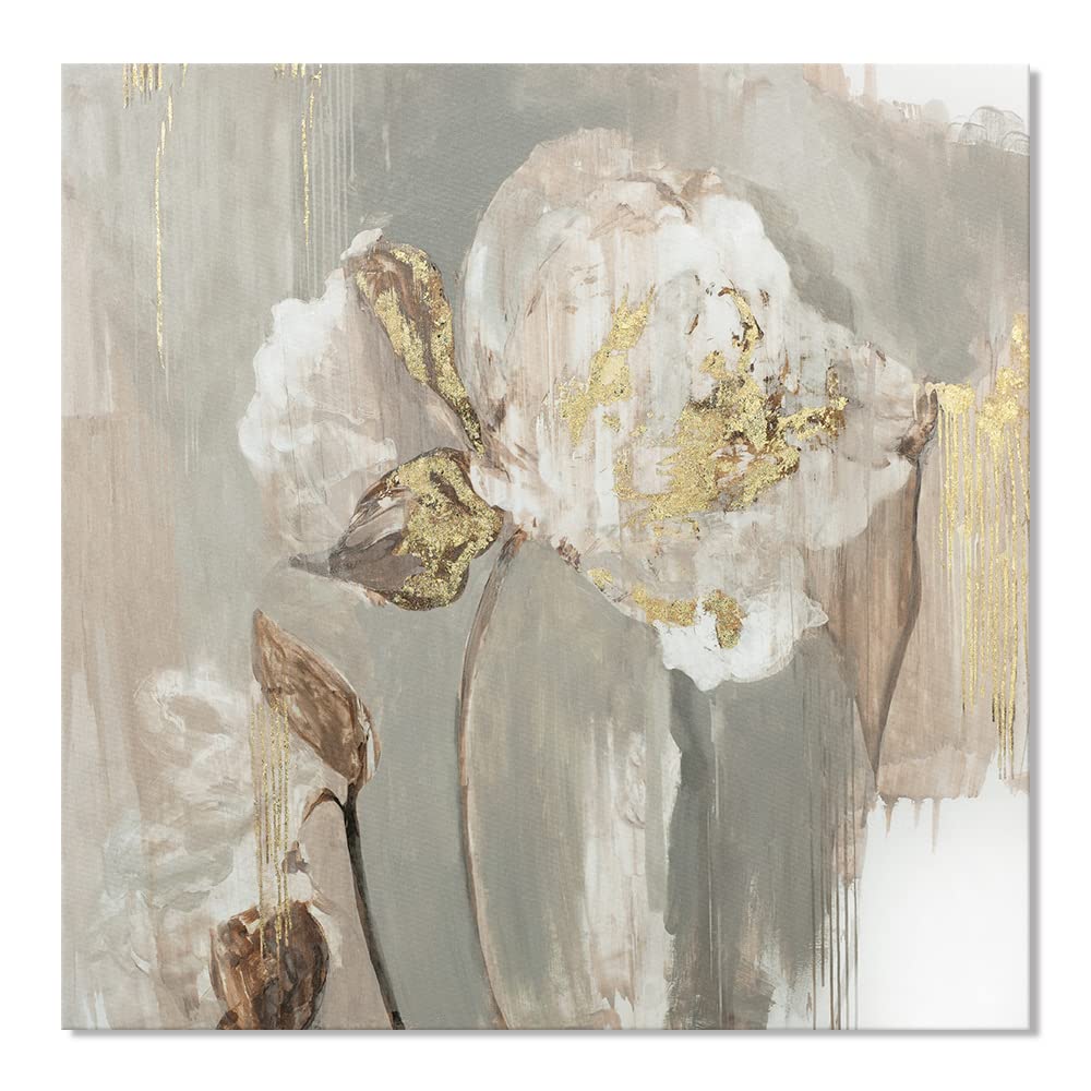 Goldfoilart Flower Wall Art Floral Decor Modern White Blooming Pictures with Gold Foil Paintings Framed Artwork for Living Room Bedroom Kitchen Decorations 24" x 24" x 2 Pcs