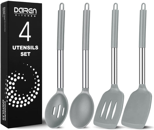 Lot de 4 grandes spatules et cuillères de cuisine en silicone, ensemble d'ustensiles de cuisine en acier inoxydable perforé et solide, cuisine antiadhésive résistante à la chaleur pour la cuisson, la friture, le sauté, le mélange, le service (gris) 