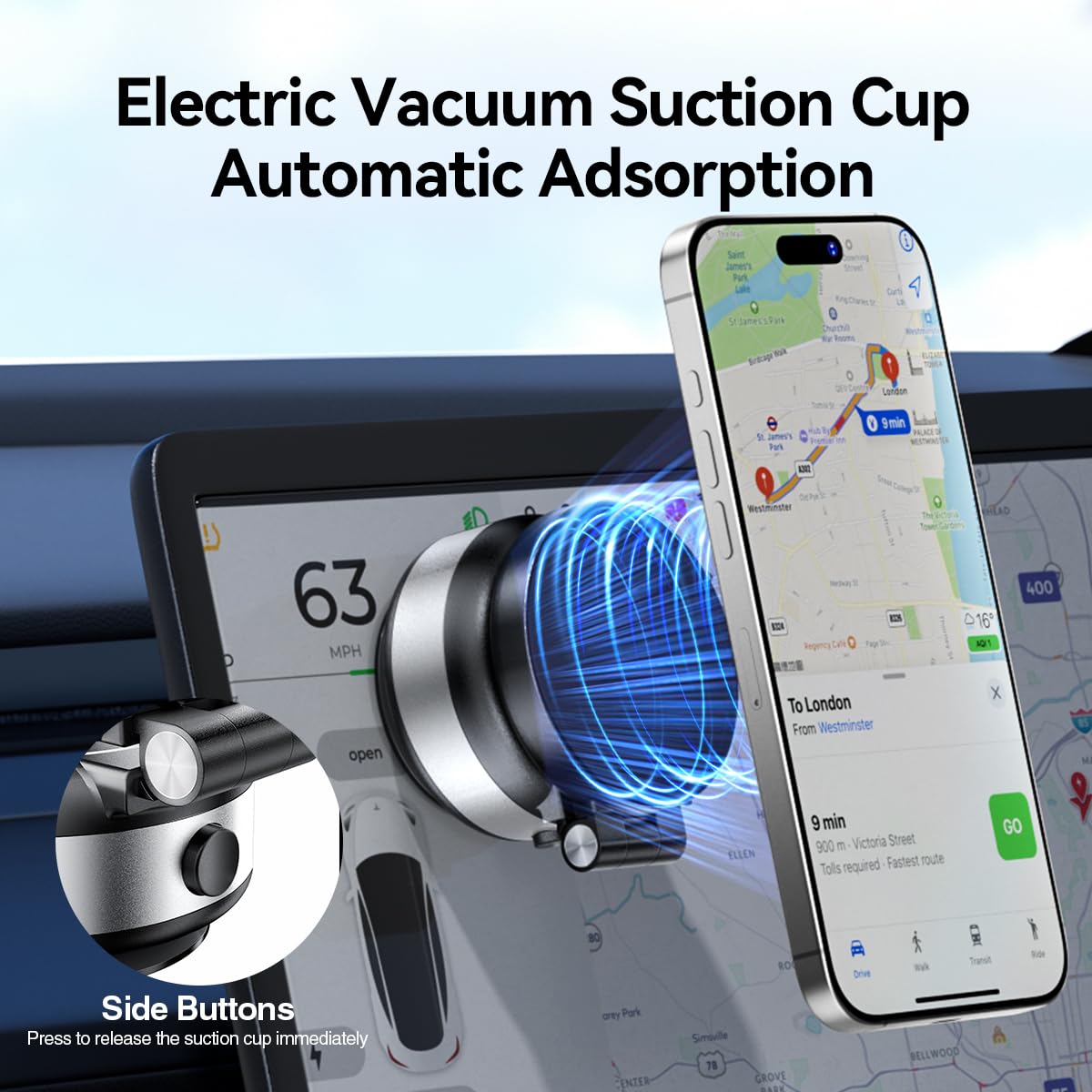 Vacuum Suction Magnetic Car Phone Holder, Adjustable Electric Magnetic Phone Holder Mount for Car, Foldable Strong Suction Car Holder Mount for iPhone16/15/14/13/12,Shower/Car/Mirror(Not Charge Phone)