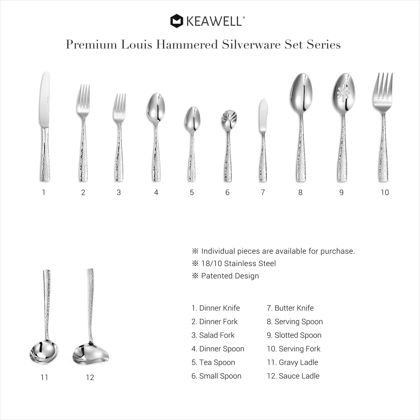 Ménagère KEAWELL Premium 20/45/65 pièces en acier inoxydable martelé Louis avec bord carré, service pour 4/8/12 personnes, couverts fins, lavable au lave-vaisselle (45) 