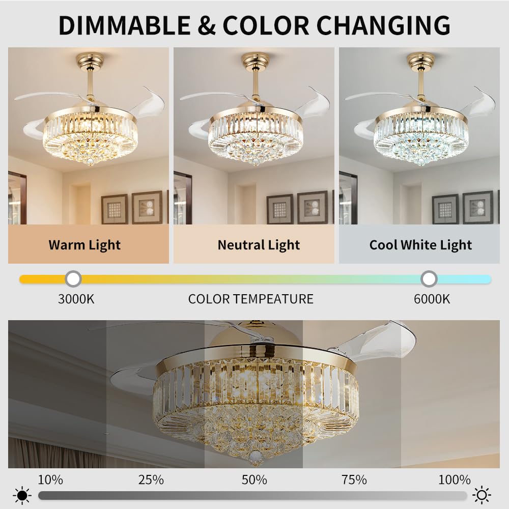 42'' Fandelier Ceiling Fans with Light, Chandelier Ceiling Fan, Retractable Crystal Ceiling Fan for Bedroom, Living Room, 3 Color Change, LED Dimmable, 6 Speeds, Reversible DC Motor-Champagne Gold