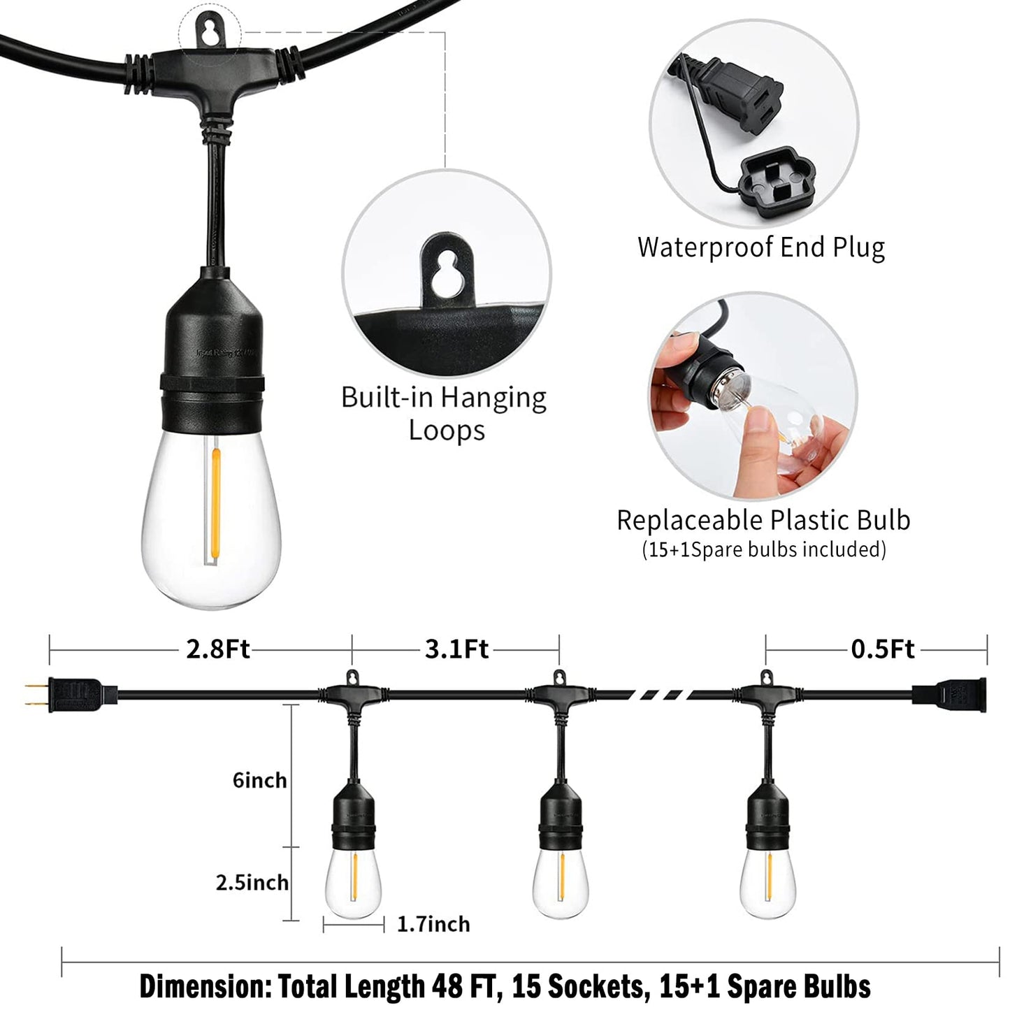 200ft Lichterkette für draußen, LED-Terrassenbeleuchtung für draußen, wasserdicht, mit 63 bruchsicheren Edison-Lichtern, Lichterkette für draußen, 2200K, Außenbeleuchtung für Terrasse, Pavillon, Pergola, Café 