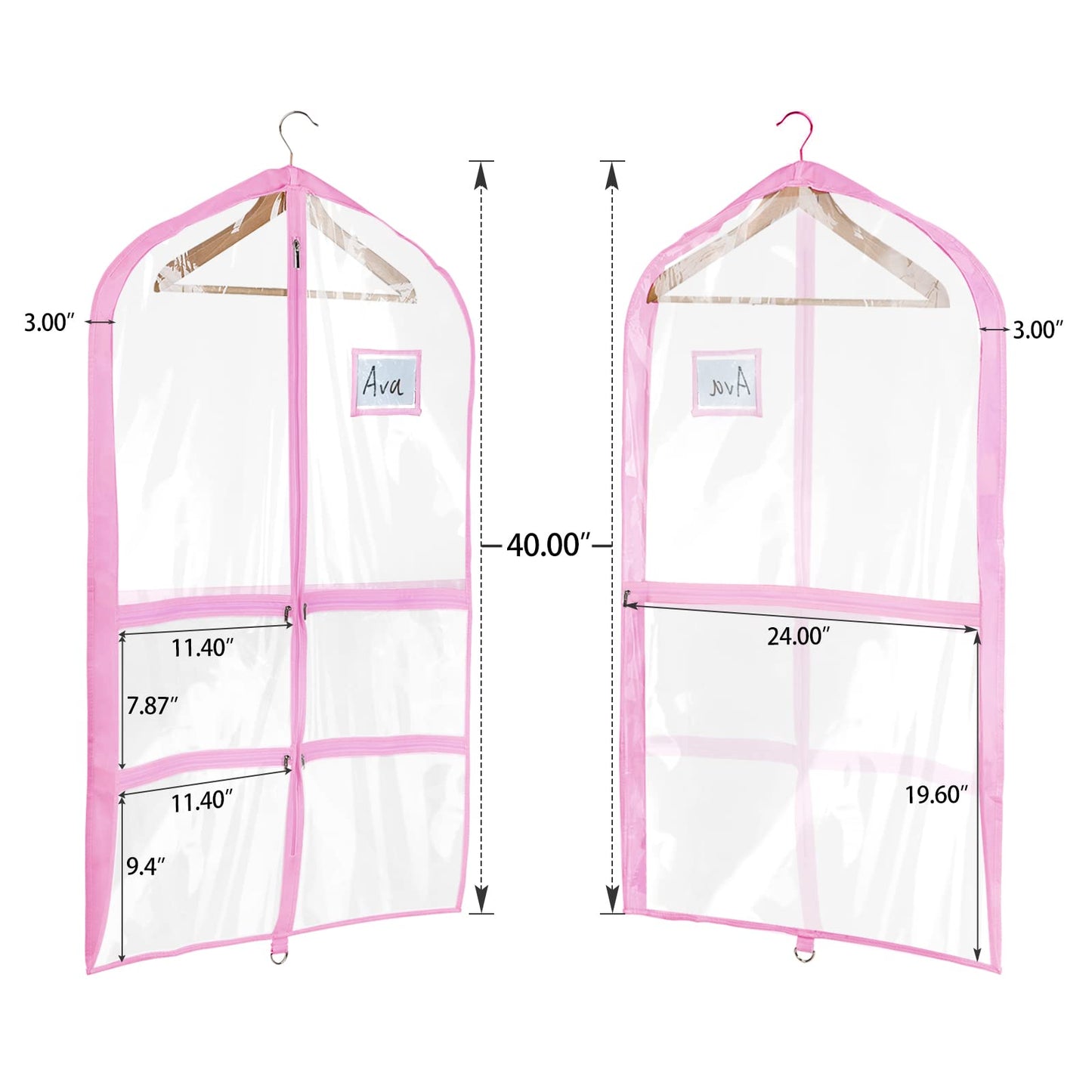 Univivi Clear PVC Dance Costume Bags (3 Pack) Garment Bag 40 Inch for Dance Competitions, with 4 Medium Clear Zipper Pockets and 1 Large Back Zippered Pocket [Upgraded Version]