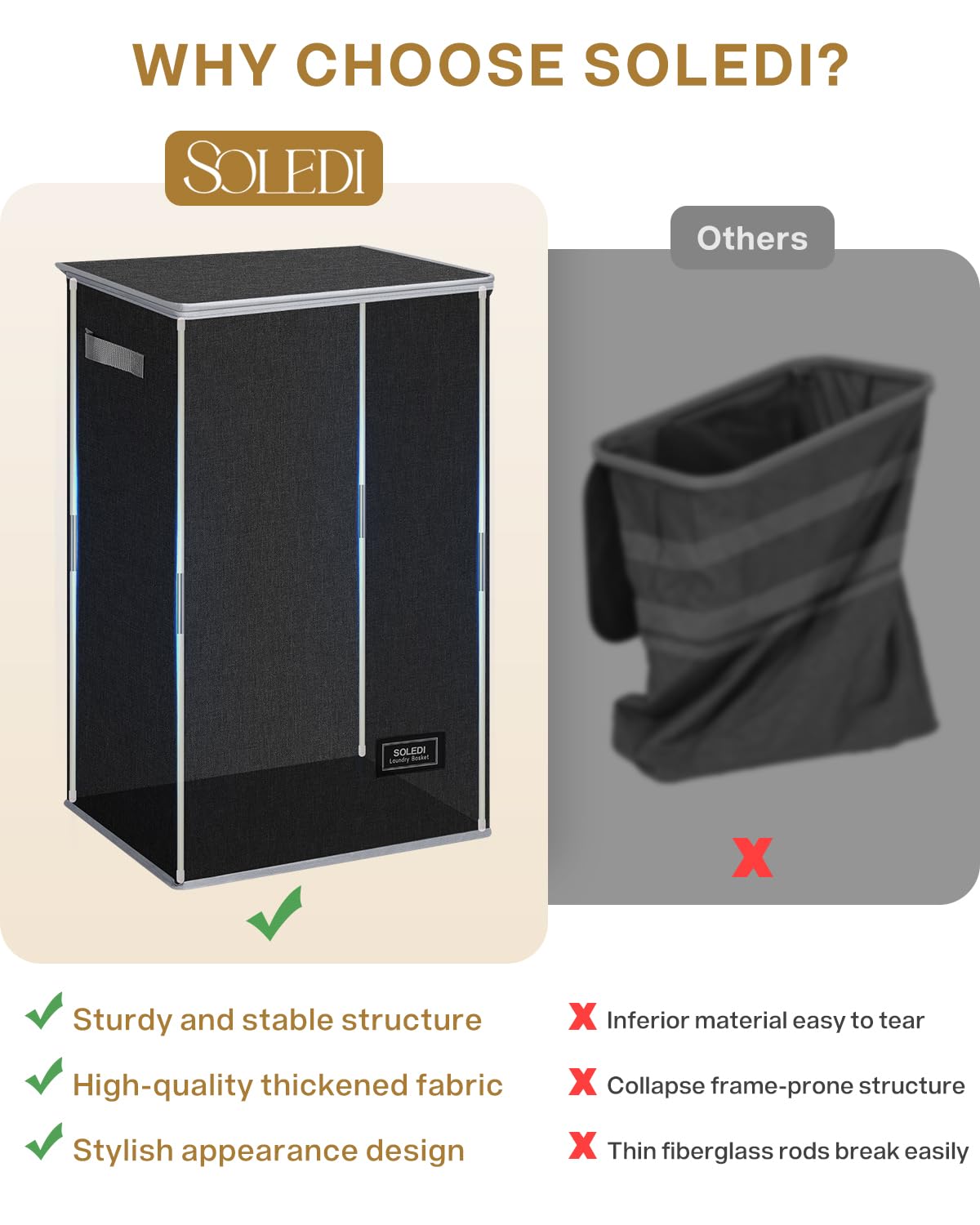 SOLEDI Laundry Hamper Black with Lid and Removable Bag - 100L Large and Tall Laundry Basket Collapsible with Handle for Clothing and Toys Storage - Dirty Clothes Hamper for Bedroom, bathroom, dorm