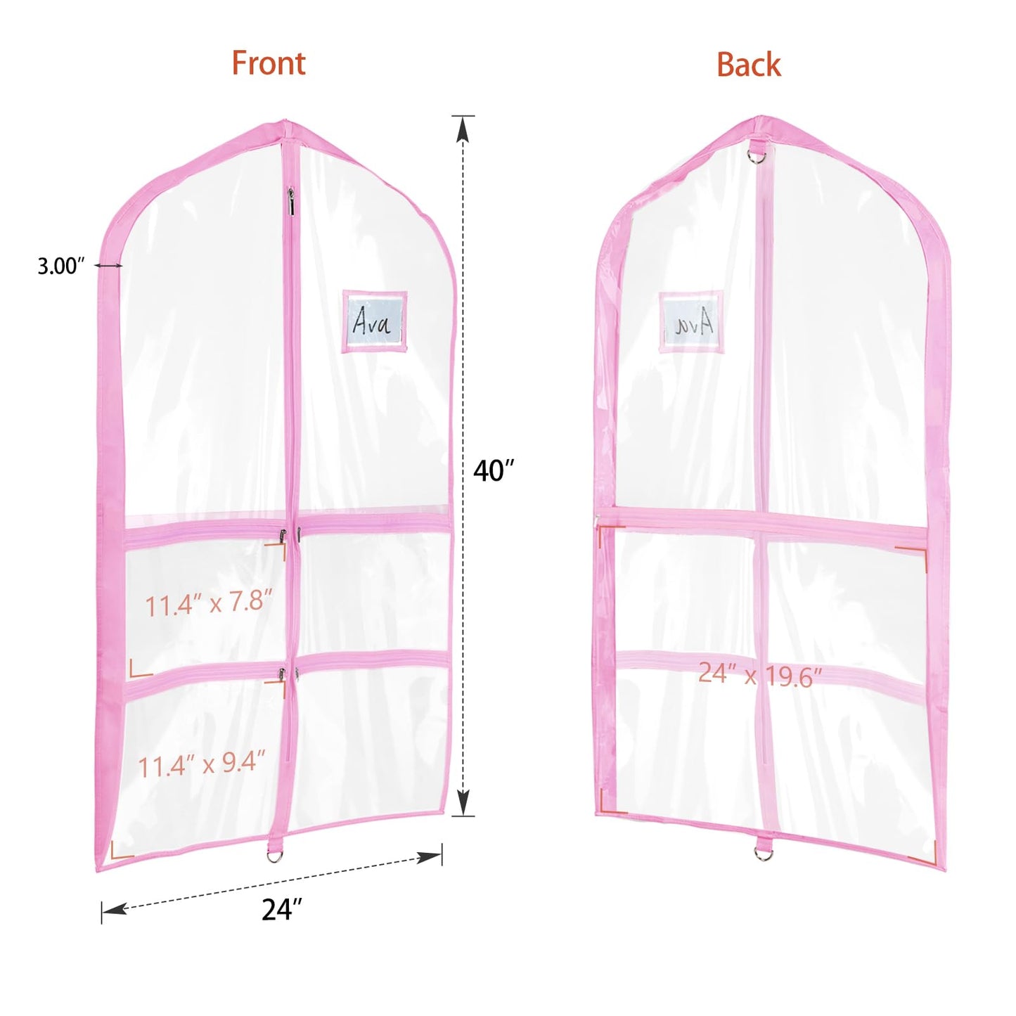 Univivi Clear PVC Dance Costume Bags (3 Pack) Garment Bag 40 Inch for Dance Competitions, with 4 Medium Clear Zipper Pockets and 1 Large Back Zippered Pocket [Upgraded Version]