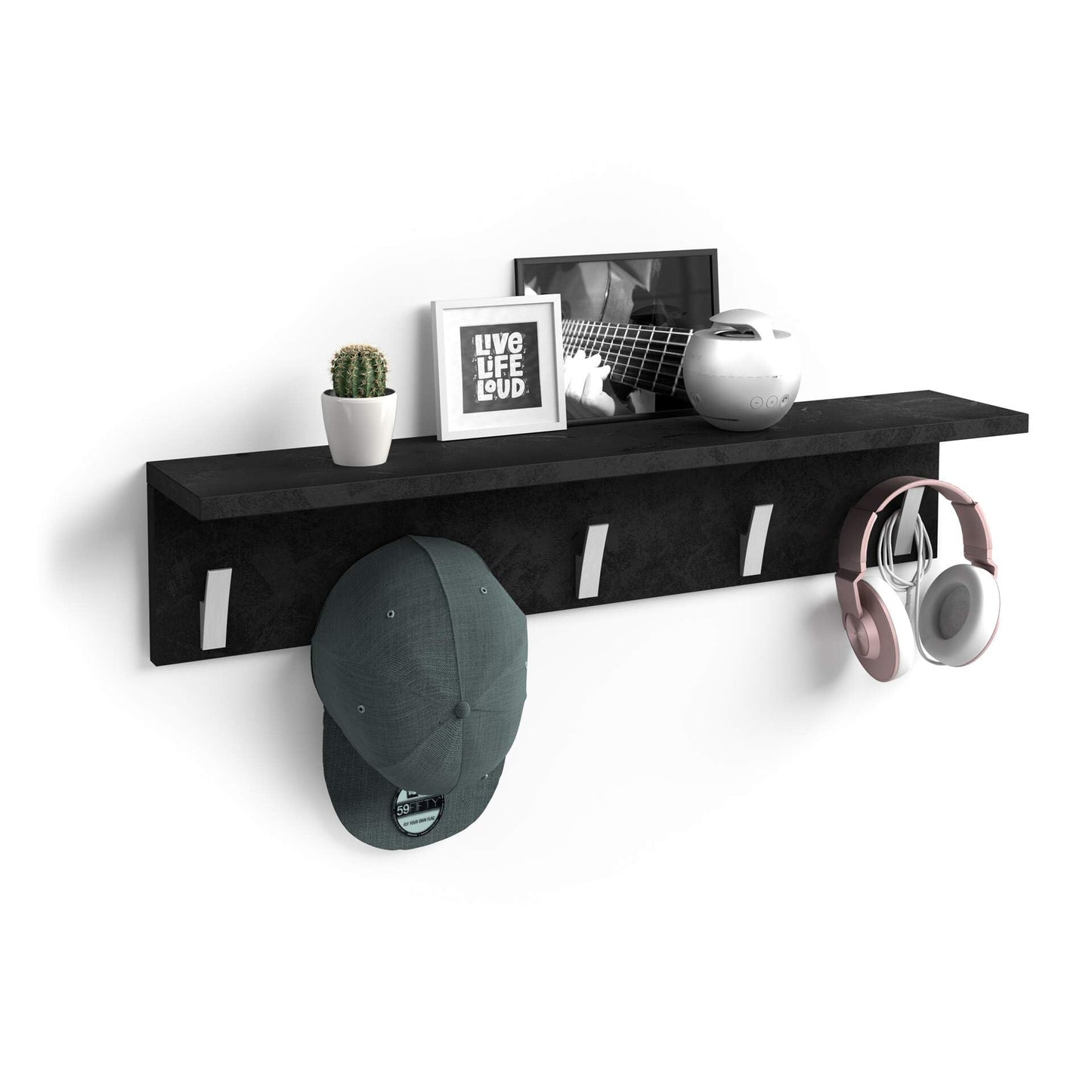 Mobili Fiver, Wall coat hanger, Rachele, 23.62 in, Concrete Effect, Black, 23.6" x 5.9" x 6.6 ", Laminate-finished/Aluminium, Coat Rack for Bathroom, Bedroom, Entrance, Italian Furniture