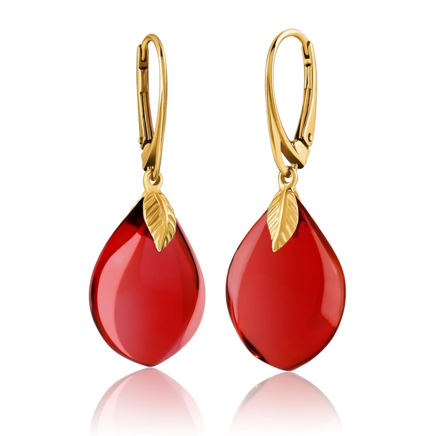 Red Earrings for Women - Gold Plated Silver Leaf Fitting and Closure, Lightweight Edgy Semi-Precious Stone Jewelry for Ladies, Garnet Red Amber Crystal Earrings