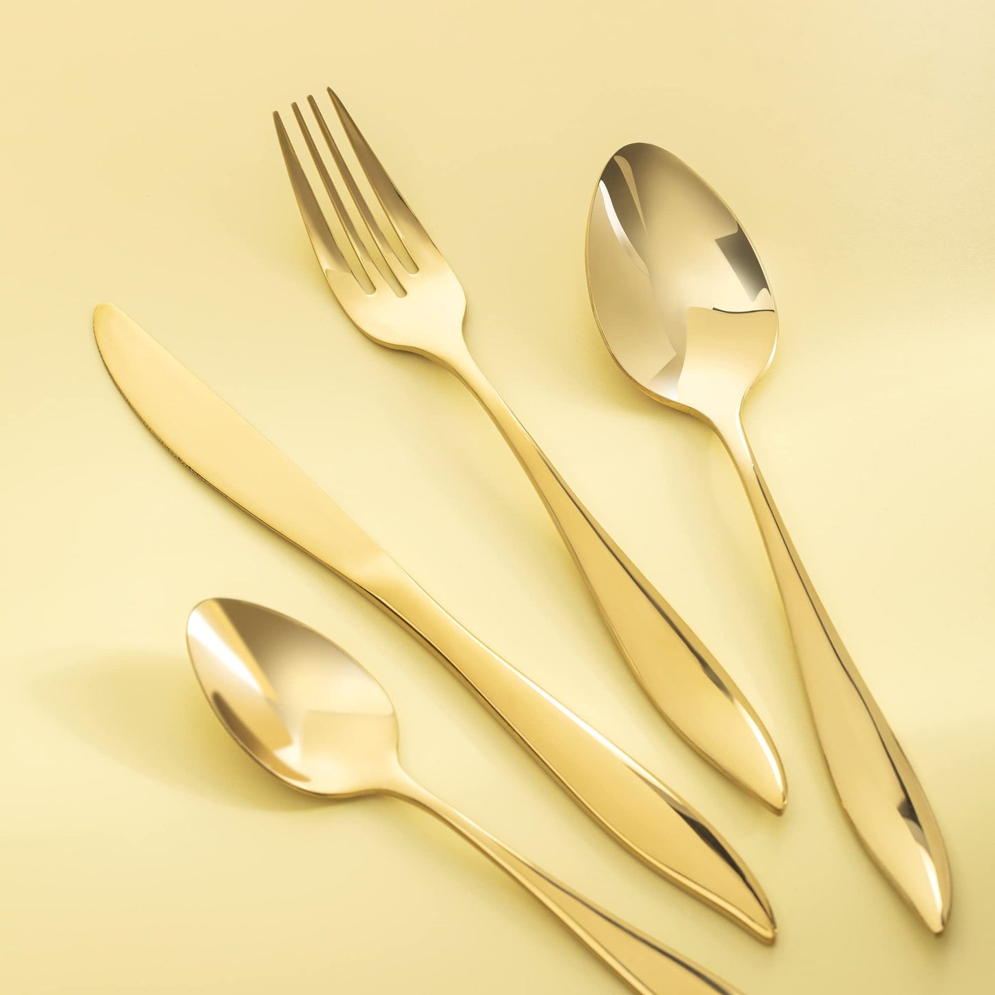 Luxuriöses goldenes Besteckset, robustes 20-teiliges goldenes Besteckset aus 18/10 Edelstahl für 5 Personen, Essgeschirr und Besteck aus Titangold, einzigartiges, exklusives, kreatives Design von HF Hoften (Mango) 