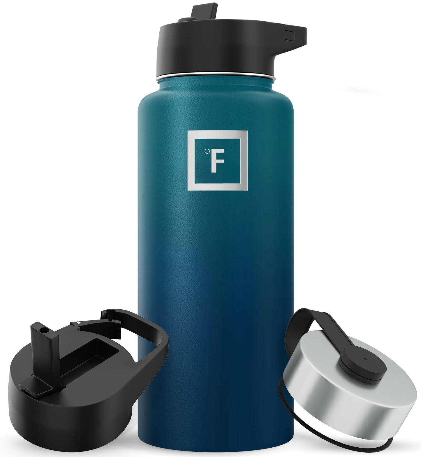 Bouteille d'hydratation de camping et de randonnée IRON °FLASK avec 3 couvercles - Bouteille d'eau en acier inoxydable, à double paroi et isolée sous vide - Anti-fuite et sans BPA (Dark Night, Straw - 32 oz) 