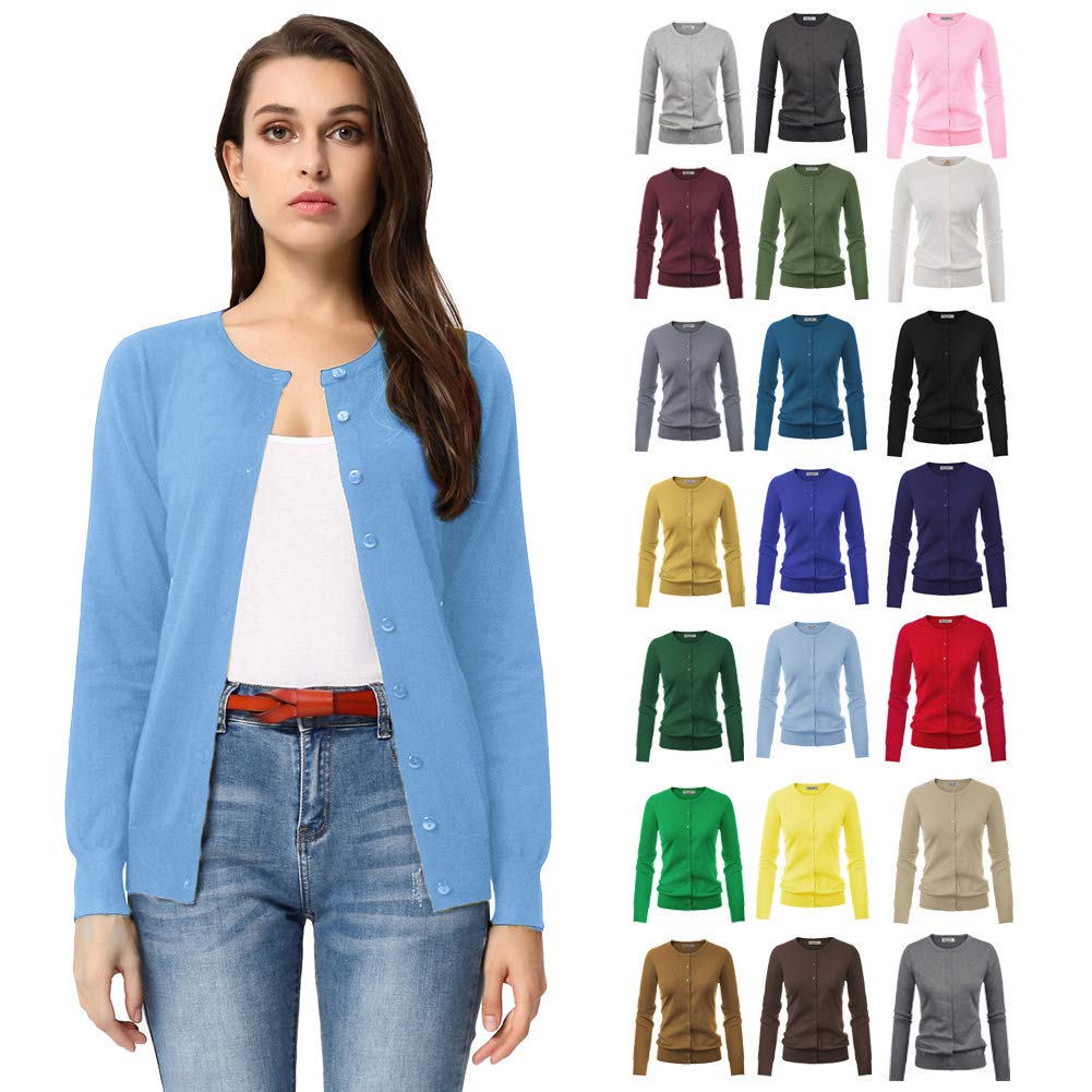 GRACE KARIN Women's Long Sleeve Button Down Crew Neck Classic Sweater Knit Cardigan