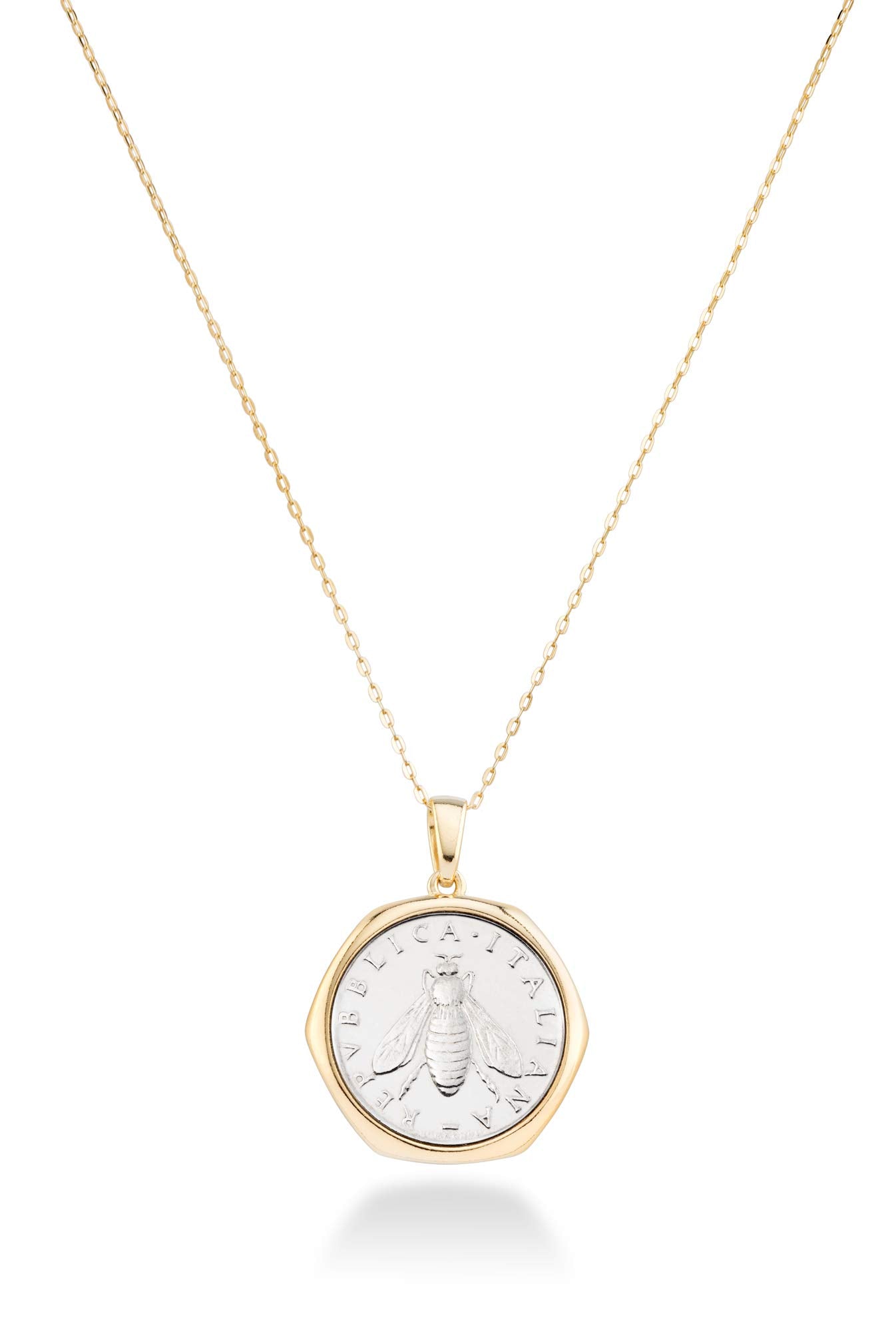 Miabella Italian 18K Gold over 925 Sterling Silver Genuine 2-Lira Bee Coin Medallion Pendant Necklace for Women 18 Inch Chain, Made in Italy