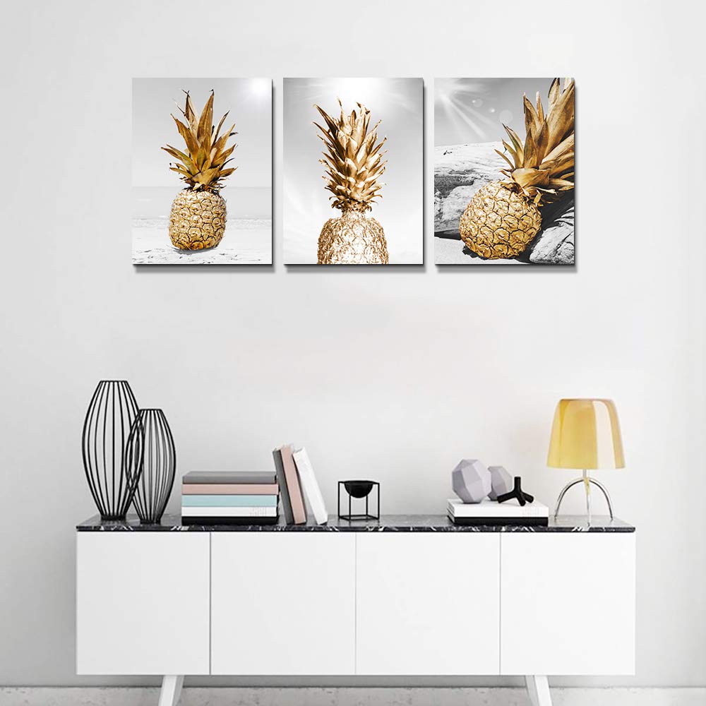 TTHYUEWS Canvas Wall Art for bar kitchen Living Room Office Bathroom home decoration Board Black and white Beach scenery golden Pineapple pictures Artwork restaurant Wall Decor Ready to Hang