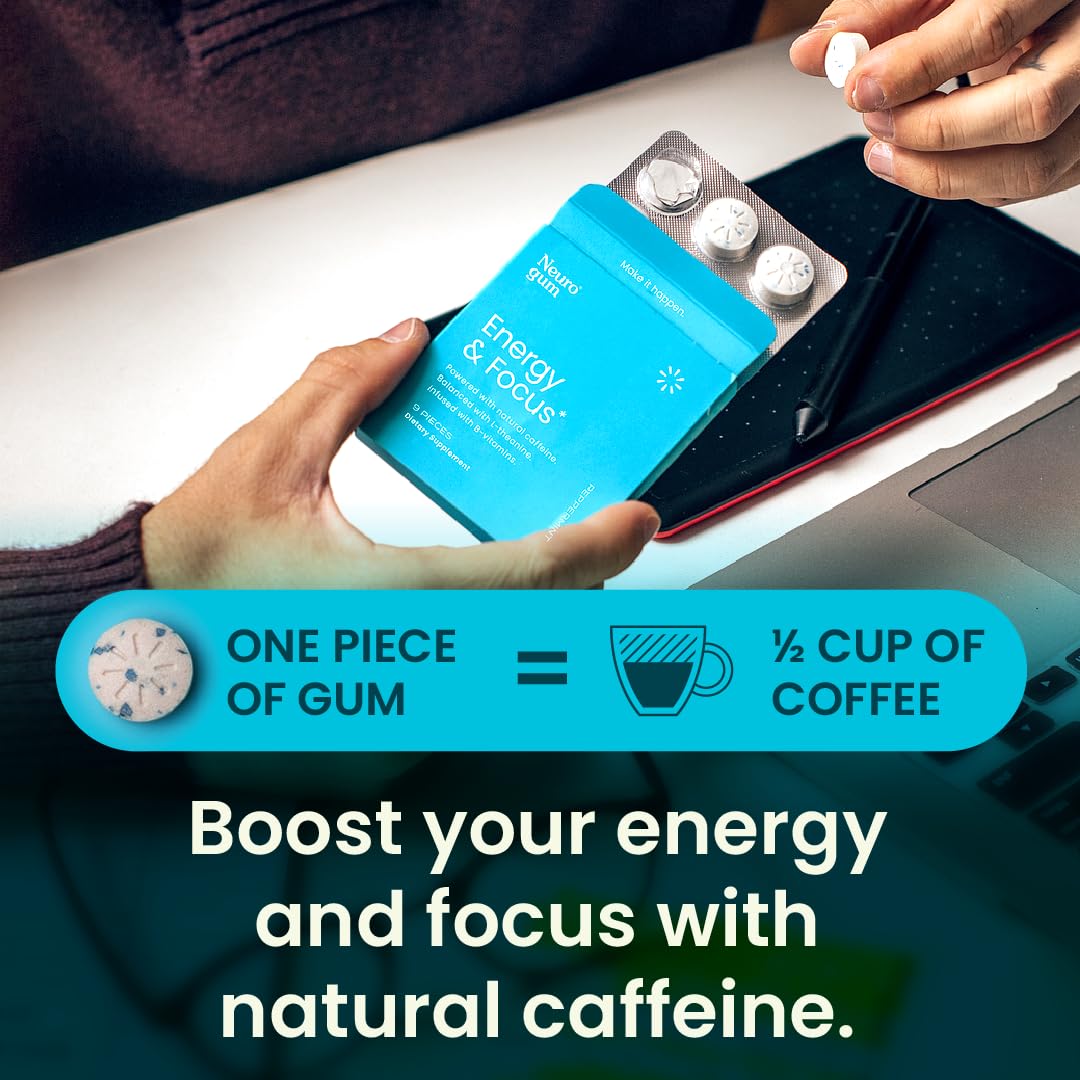 NeuroGum Energy Koffein-Kaugummi (54 Stück) – Zuckerfrei mit L-Theanin + Koffein + Vitamin B12 &amp; B6 – Nootropisches Energie- und Konzentrationspräparat für Frauen und Männer – Pfefferminzgeschmack (Verpackung kann variieren) 