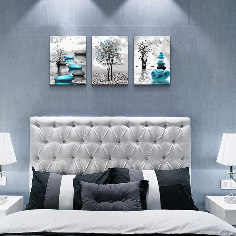 Art mural sur toile pour salon Décoration murale pour chambre Salle de bain Peintures en noir et blanc Impressions d'art sur toile encadrées modernes en 3 parties Prêtes à accrocher Images abstraites bleues inspirantes Décorations pour la maison 