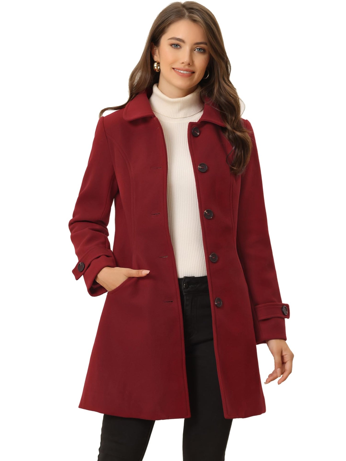 Allegra K Women's Winter Outerwear Overcoat Peter Pan Collar Mid-thigh A-line Single Breasted Pea Coat