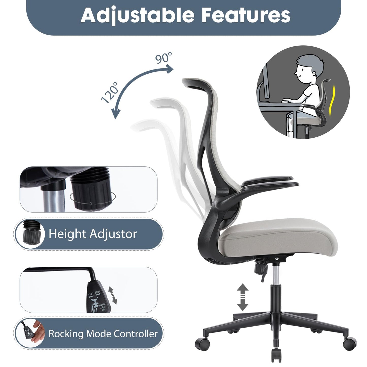 Ergonomischer Bürostuhl aus Netzgewebe, Schreibtischstuhl mit hoher Rückenlehne und 2D-Kopfstütze, Lendenwirbelstütze mit Auf- und Ab-Funktion, drehbarer Computer-Arbeitsstuhl mit verstellbaren, hochklappbaren Armlehnen, Schwarz 