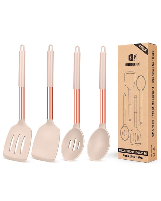 4er-Set Kochutensilien aus Silikon, große, massive, antihaftbeschichtete Spatel, hitzebeständige Schlitzlöffel in Roségold-Khaki, ideale BPA-freie Küchenwender zum Braten, Mischen, Servieren, Abtropfen und Wenden. 