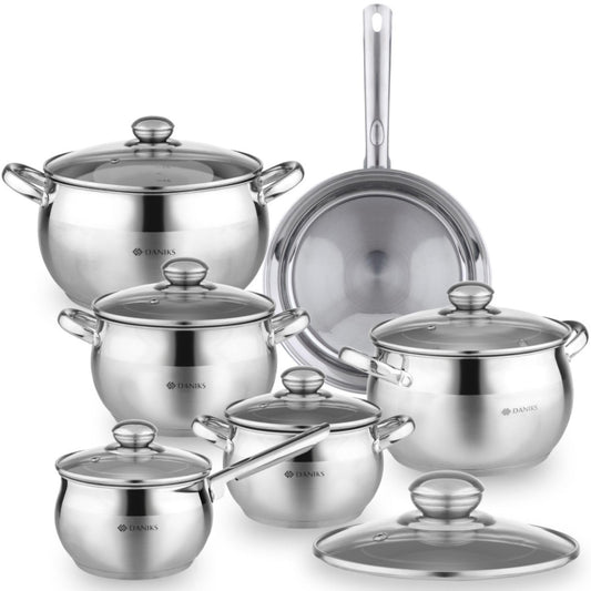 Daniks Classic Stainless Steel Kitchen Induction Pot Cookware Set | 12-Piece | Dishwasher Safe Pots with Lid | Saucepan + Frying Pan + Pots | Measuring Scale | Silver