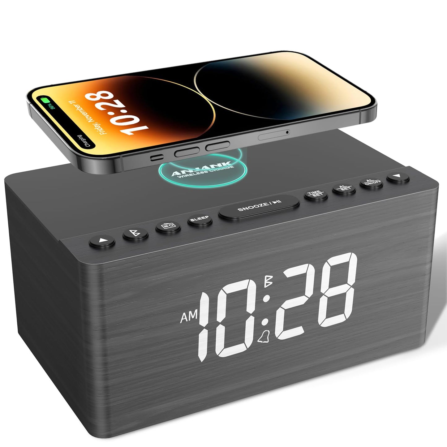 Digital Alarm Clock with FM Radio & Wireless Charging – Qi-Certified, LED Display, USB Port, Sleep Timer