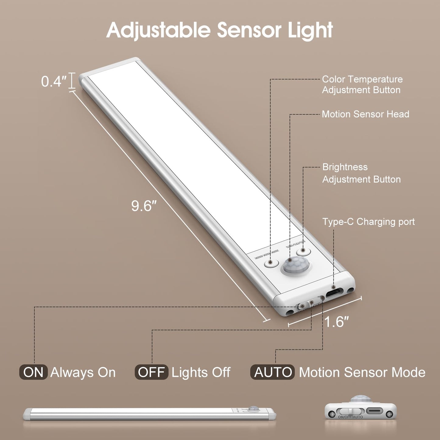 Chasesun 9.6” LED Motion Sensor Under Cabinet Lights – USB-C Rechargeable, 3-Tone Dimmable, Magnetic Mount, 5-Pack