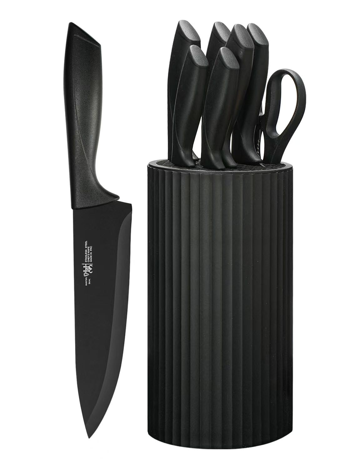Knife Set, HUNTER.DUAL 8-Piece Kitchen Knife Set for Chef, Sharp Knife Set with Universal Knife Block, Anti-Rust Kitchen Knife Block Set, Ergonomical Design (Black)