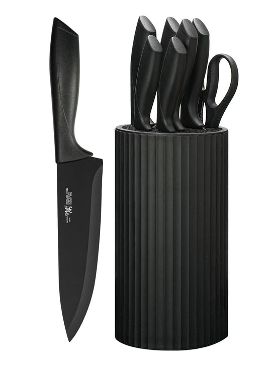 Knife Set, HUNTER.DUAL 8-Piece Kitchen Knife Set for Chef, Sharp Knife Set with Universal Knife Block, Anti-Rust Kitchen Knife Block Set, Ergonomical Design (Black)