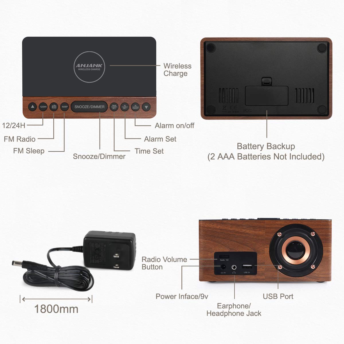 Digital Alarm Clock with FM Radio & Wireless Charging – Qi-Certified, LED Display, USB Port, Sleep Timer