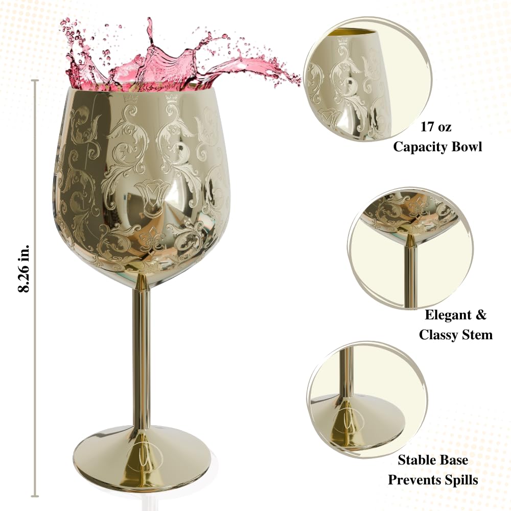 17oz Stainless Steel Wine Glasses [Set of 2]–Rose Gold Royal Goblets with Intricate Baroque Engravings, Unbreakable and Shatterproof Wine Cups with Bottle Stopper for Travel