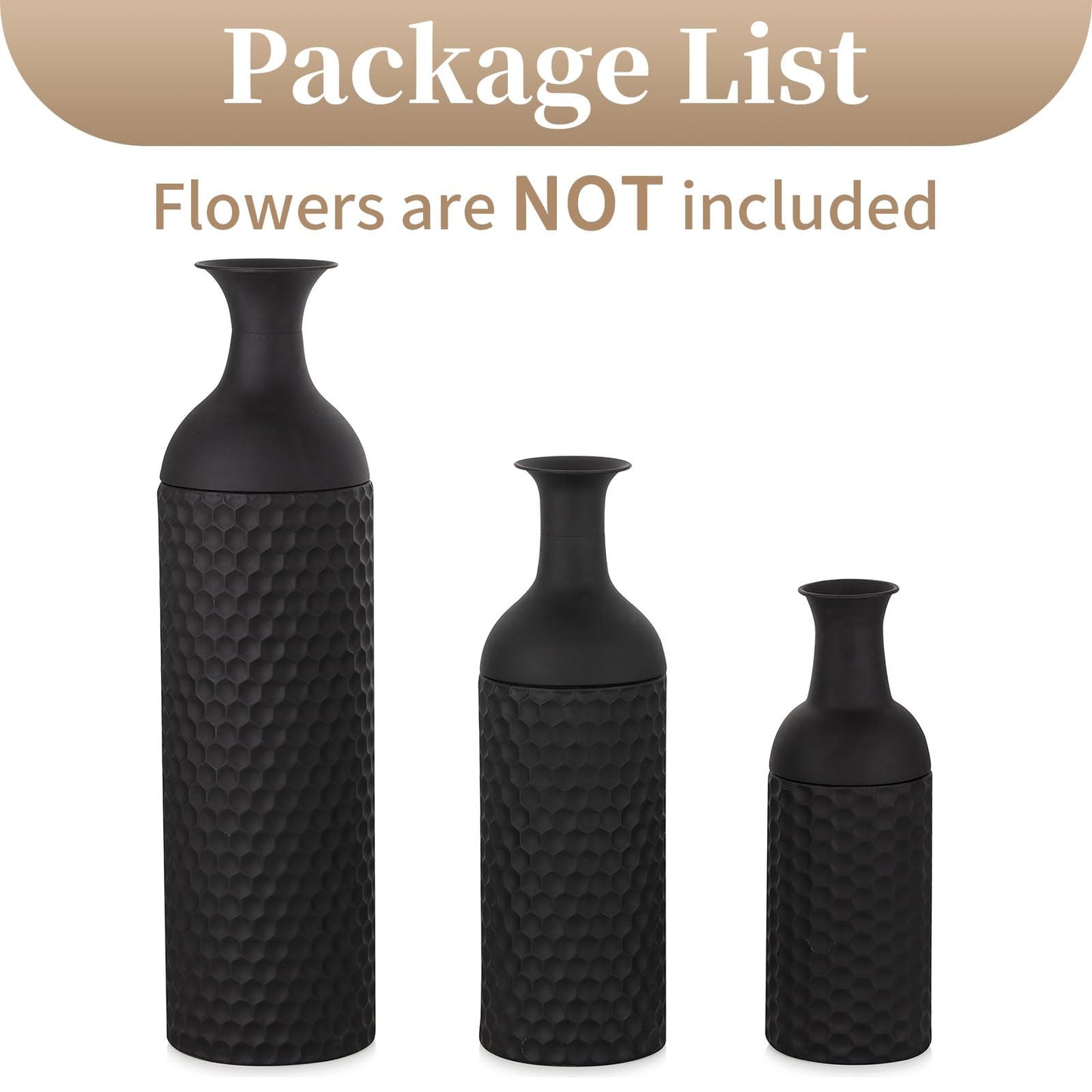 Sziqiqi Grands vases noirs de 27 pouces - Lot de 3 vases sur pied en métal à texture nid d'abeille moderne pour salon, salle à manger, chambre à coucher, maison, coin, couloir, bureau intérieur 