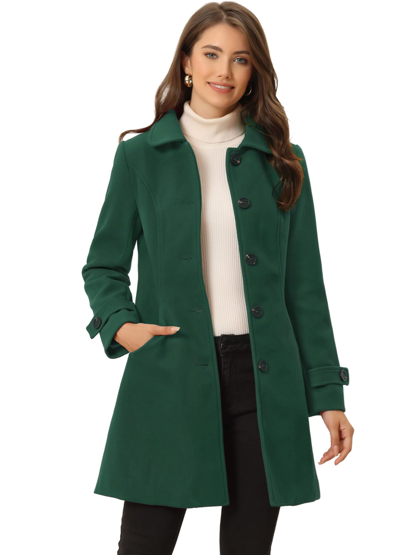 Allegra K Damen Winter Oberbekleidung Mantel Peter Pan Kragen Mitte Oberschenkel A-Linie Einreihig Pea Coat