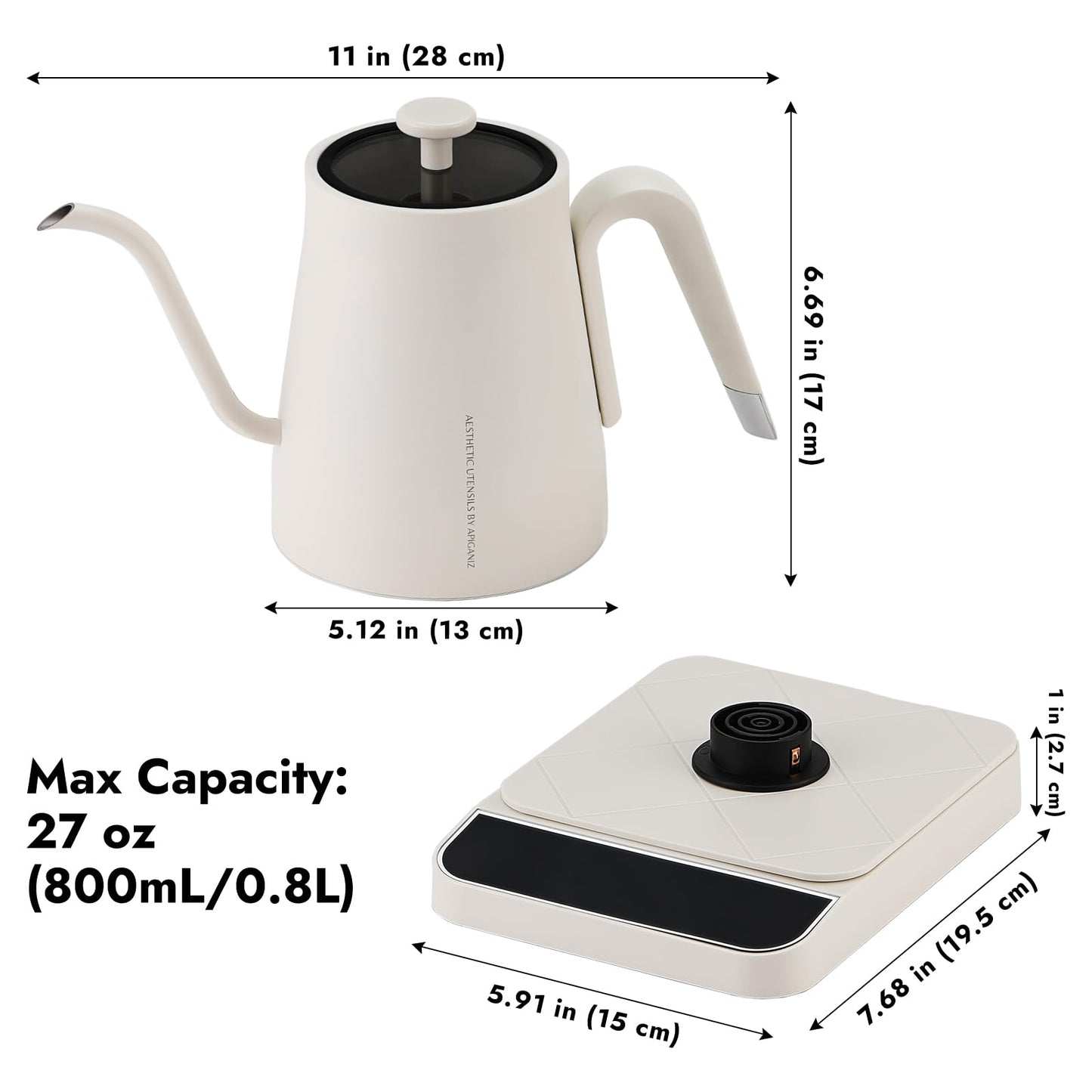 Bouilloire électrique à col de cygne de 27 oz avec contrôle de température de ± 1 ℉, bouilloire à verser pour café et thé, chaudière à eau chaude en acier inoxydable, 1200 W/0,8 L (noir) 