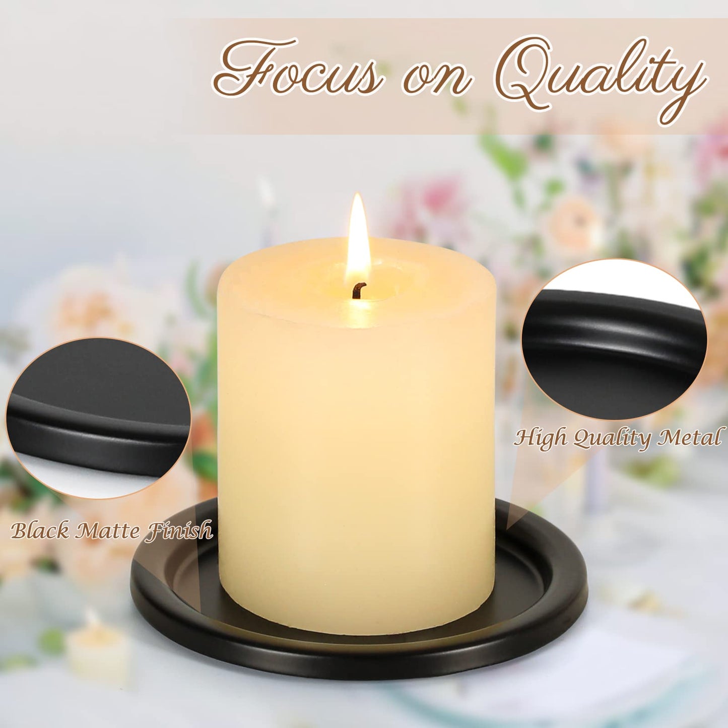 Black Iron Plate Candle Holder- Set of 4 |3.8" D x 0.2" H| Decorative Iron Pillar Candle Plate, Elegant Candle Stand for LED & Wax Candles, Incense Cones, Spa, Weddings (4 pcs)