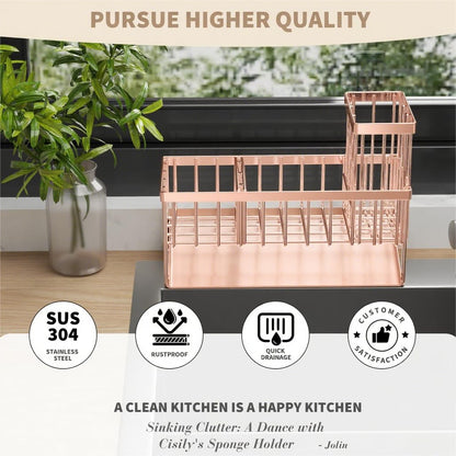 Kitchen Sink Caddy Organzier with High Brush Holder, Sponge Holder for Sink, 304 Rustproof Stainless, Kitchen Countertop Soap Dispenser Organizer, Kitchen Decor and Accessories