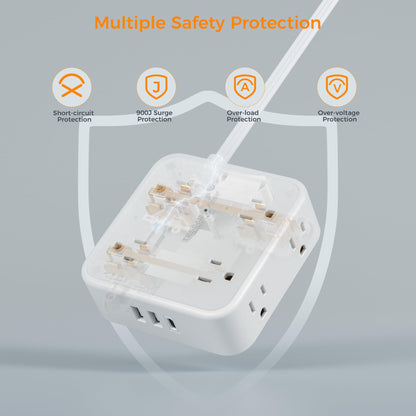Surge Protector Flat Extension Cord Flat Plug Power Strip, 8 AC Outlets, 3 USB Charger(1 USB C Port) 3-Sided Outlet Extender, 5 Ft, 900 Joules Protection