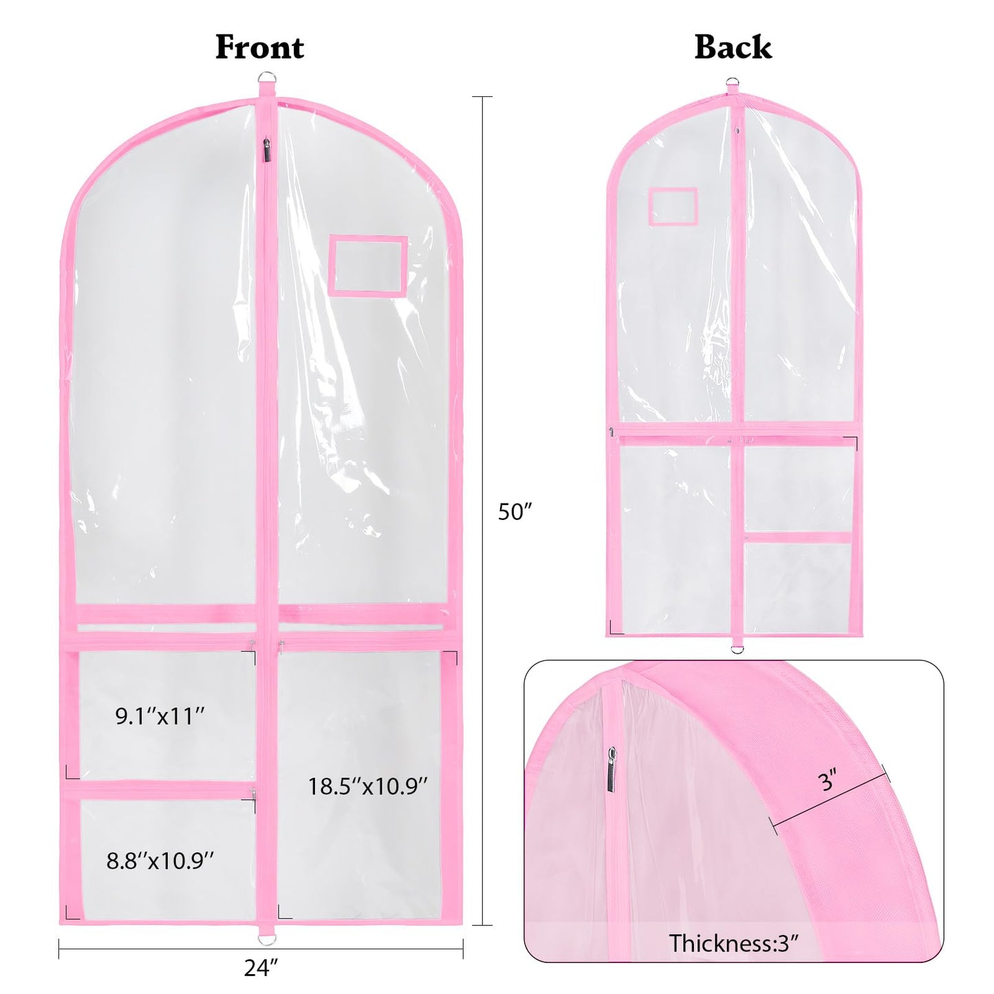 Univivi Clear PVC Dance Costume Bags (3 Pack) Garment Bag 40 Inch for Dance Competitions, with 4 Medium Clear Zipper Pockets and 1 Large Back Zippered Pocket [Upgraded Version]