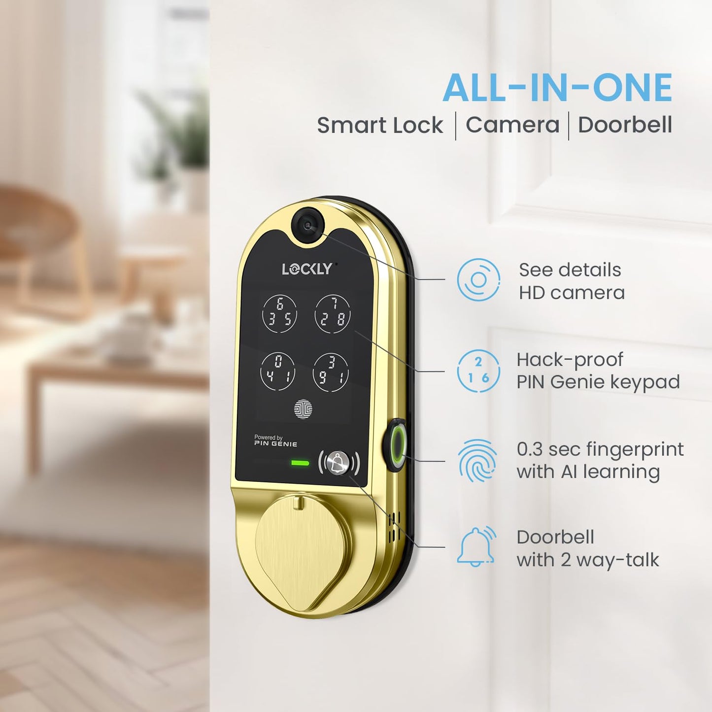 Lockly Vision Smart Lock, HD-Video-Türklingel, Smart-Schlösser für die Haustür, Türschloss mit Fingerabdruck, Touchscreen-Tastatur, App-Steuerung, keine monatliche Gebühr, automatische Sperre – Satin-Nickel 