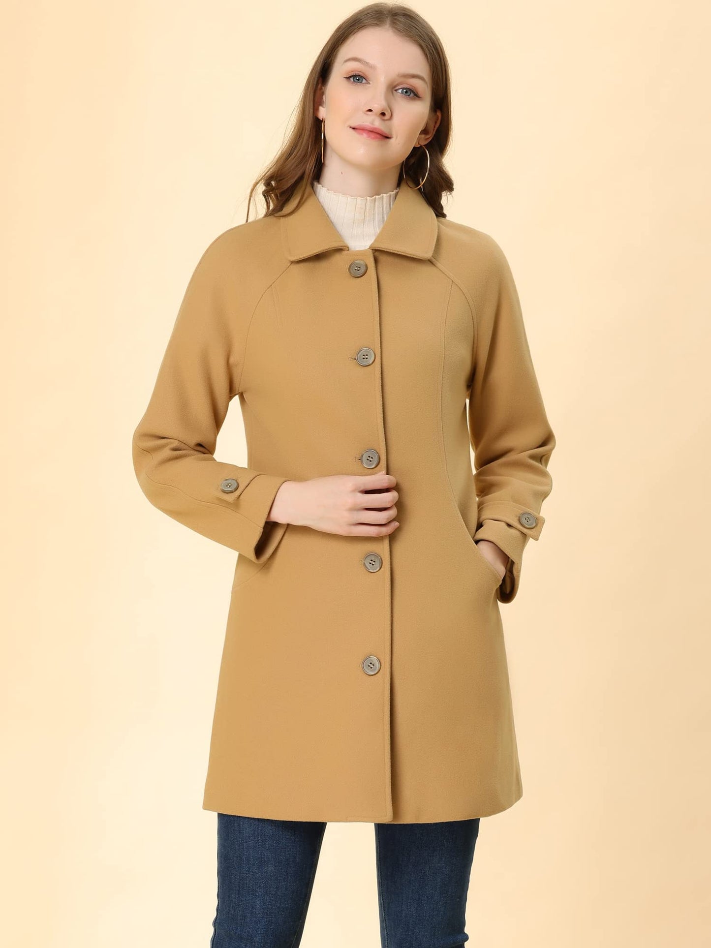 Allegra K Damen Winter Oberbekleidung Mantel Peter Pan Kragen Mitte Oberschenkel A-Linie Einreihig Pea Coat