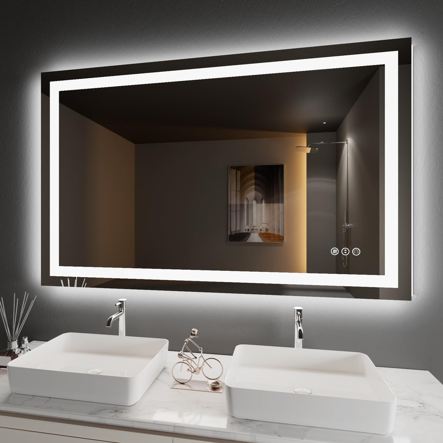 Amorho 20"x 28" LED Bathroom Mirror with Black Frame, Front Light and Backlit(Controlled Separately), Stepless Dimmable, Anti-Fog, Shatter-Proof, 3 Colors, Memory