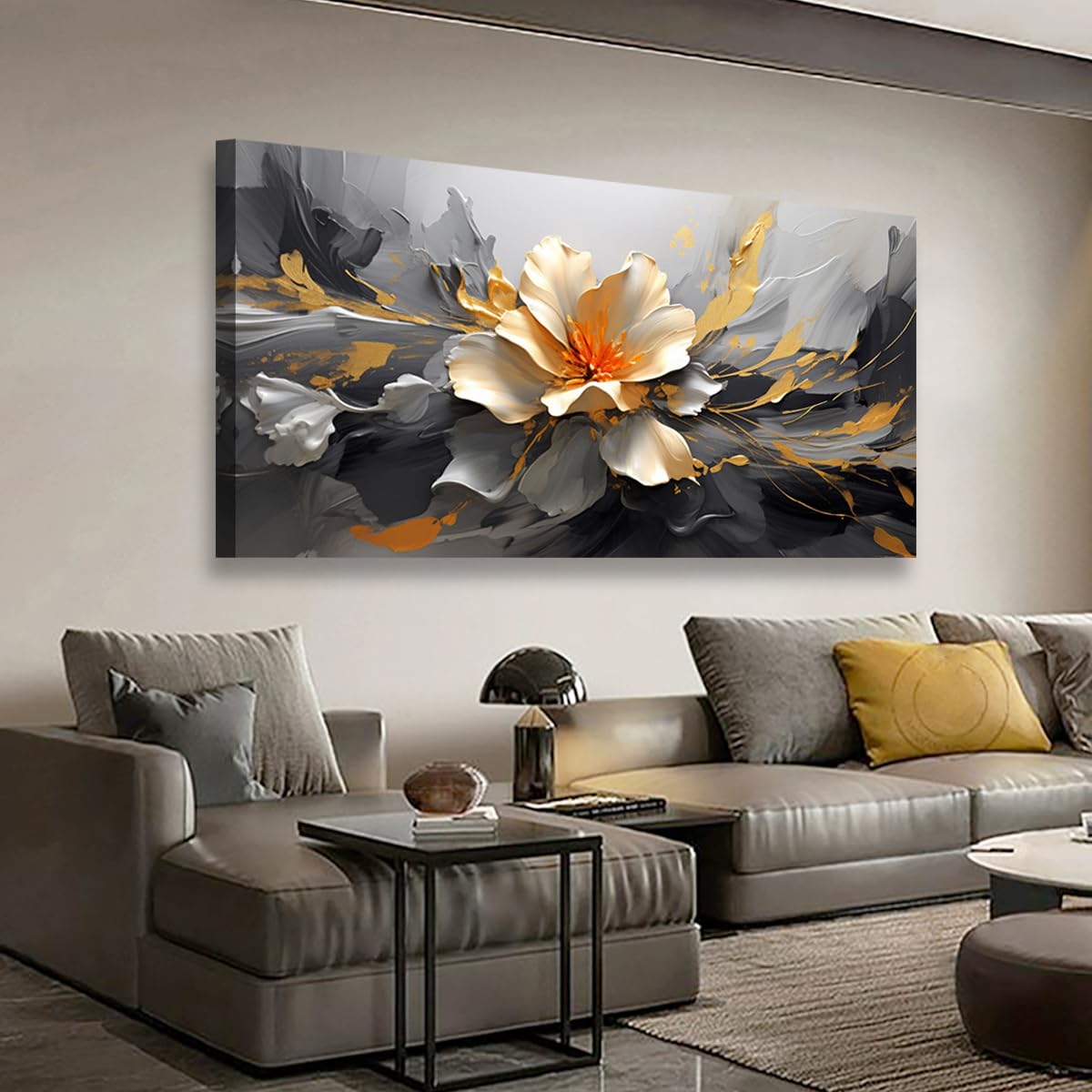 Peinture à l'huile abstraite moderne sur toile représentant un lotus doré, décoration murale pour salon, bureau, chambre à coucher, 50,8 x 101,6 cm 