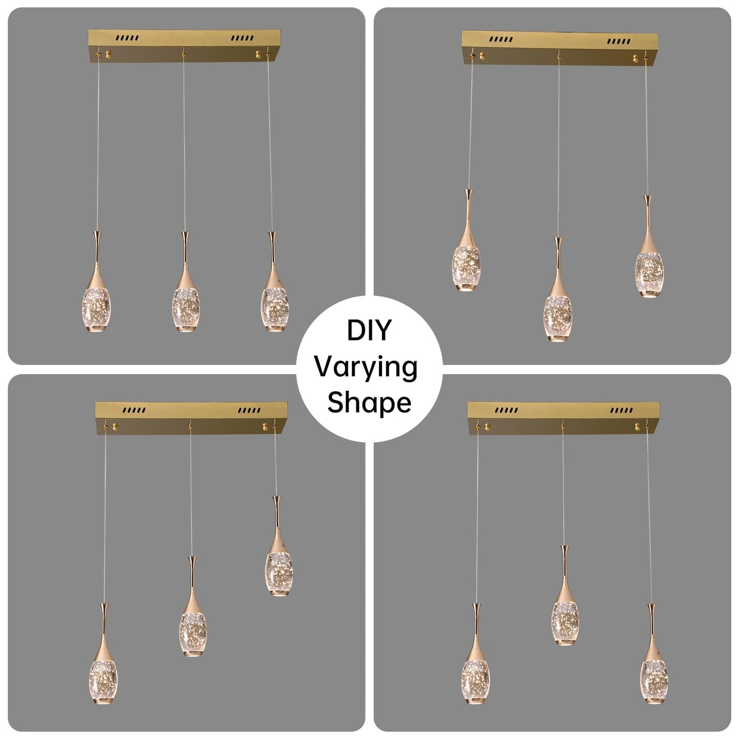 Modern Gold Pendant Light Fixtures, Crystal Pendant Lights with 3-Color, 3 Light Pendant Lights for Kitchen Island, Restaurants, Dining Room, Bedrooms (3 Pack)