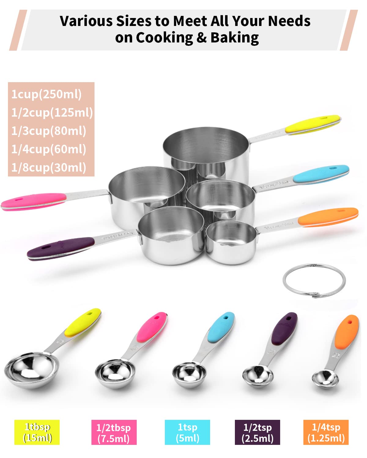 Joyhill Messbecher und -löffel aus Edelstahl, 10-teiliges Set, ineinander stapelbare Messbecher aus Metall mit Soft-Touch-Silikongriffen für trockene und flüssige Zutaten, Kochen und Backen (schwarz) 