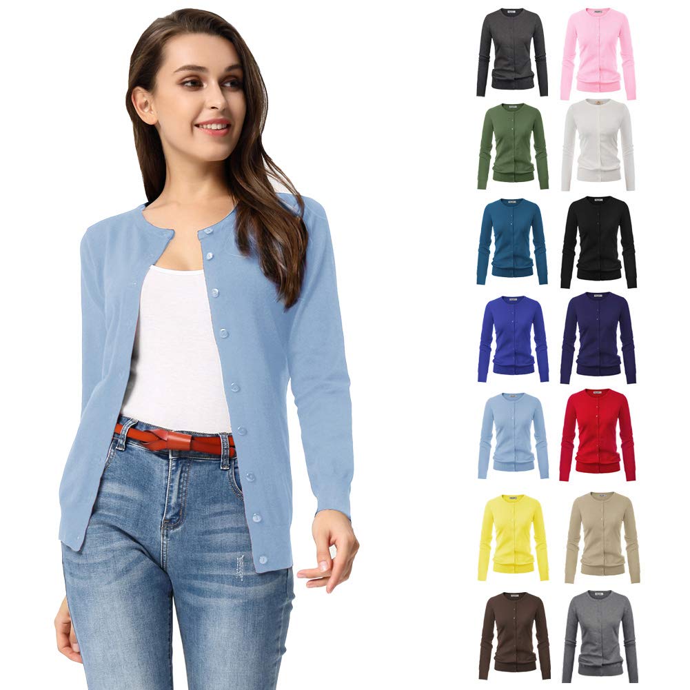 GRACE KARIN Women's Long Sleeve Button Down Crew Neck Classic Sweater Knit Cardigan