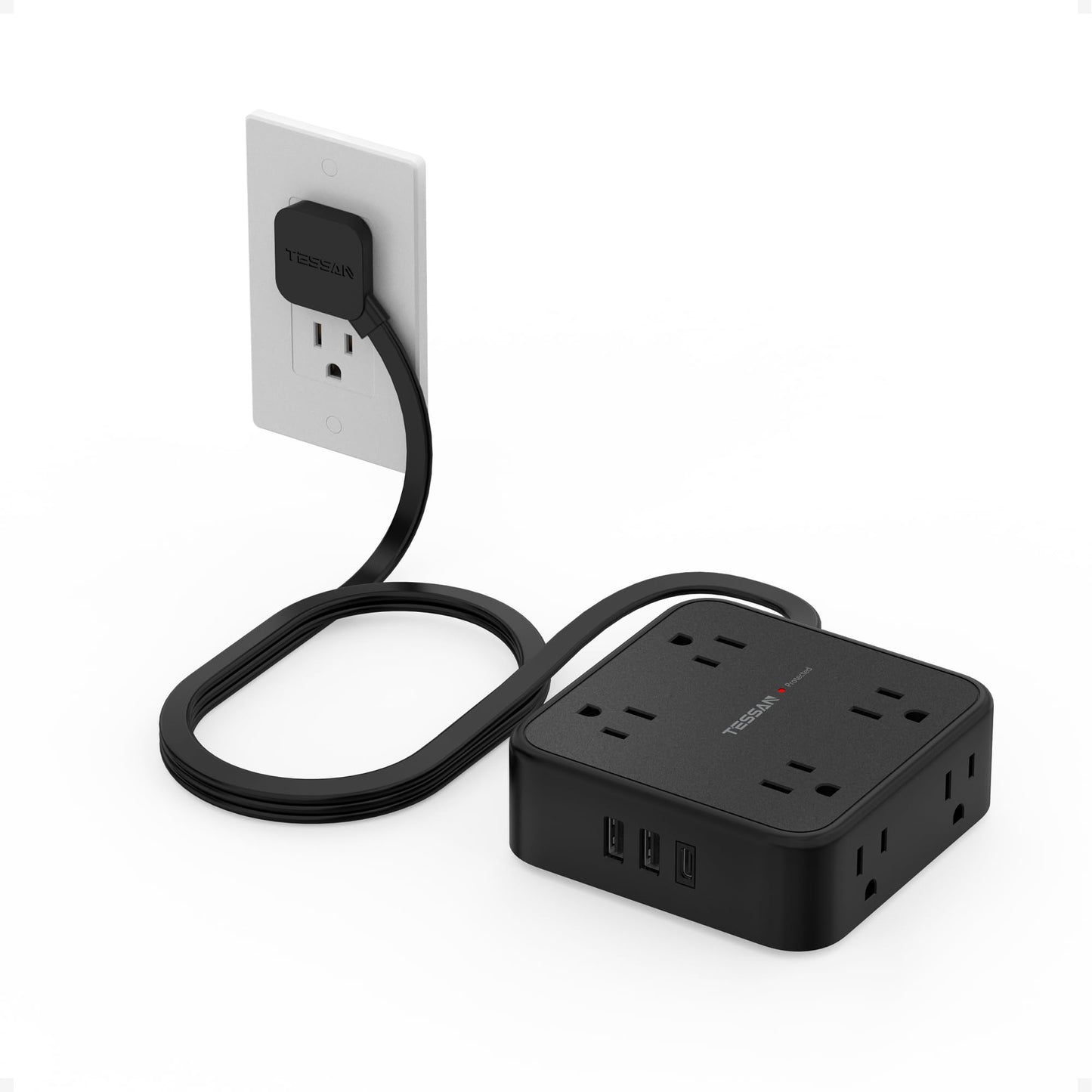 Surge Protector Flat Extension Cord Flat Plug Power Strip, 8 AC Outlets, 3 USB Charger(1 USB C Port) 3-Sided Outlet Extender, 5 Ft, 900 Joules Protection