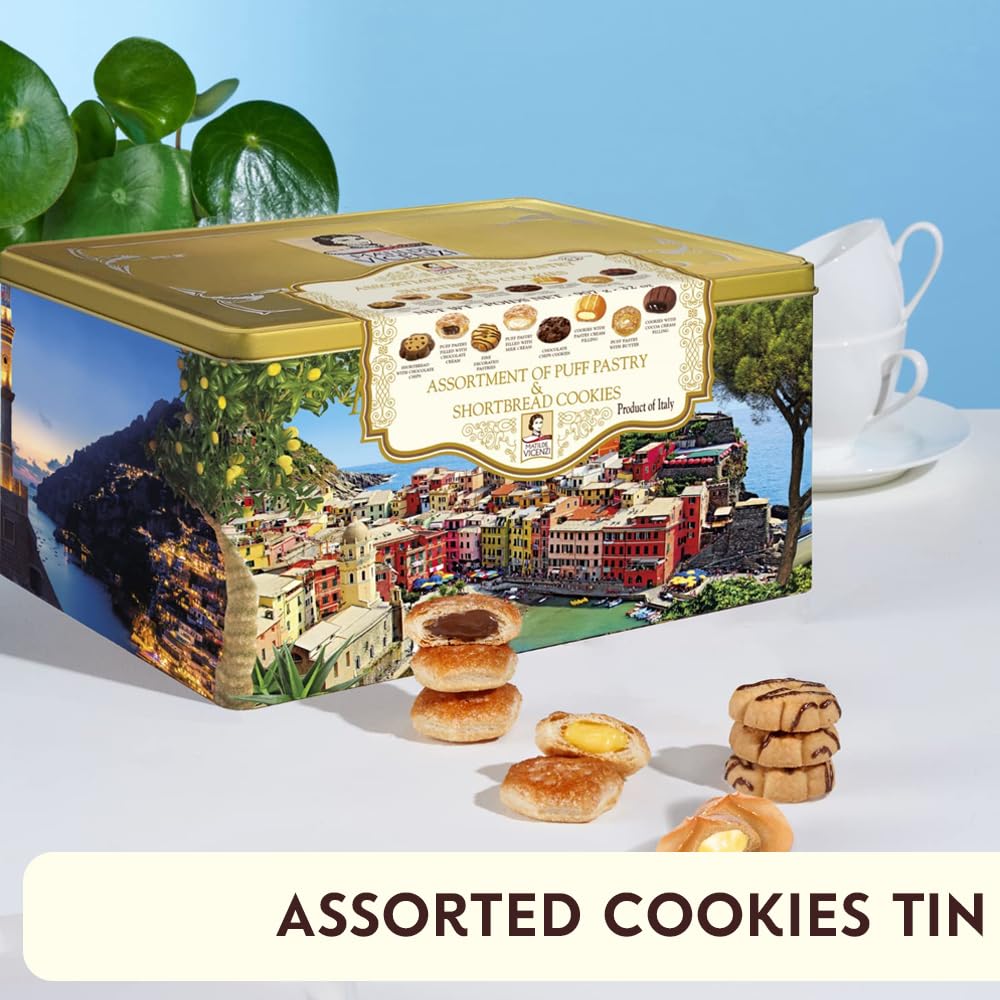 Matilde Vicenzi Roma Cookie Tin - Italian Pastries & Bakery Cookies in Individually Wrapped Trays - Bakery Dessert Gifts - Puff Pastry, Assorted Cookies in Italian Design Gift Tin 32oz (907g)