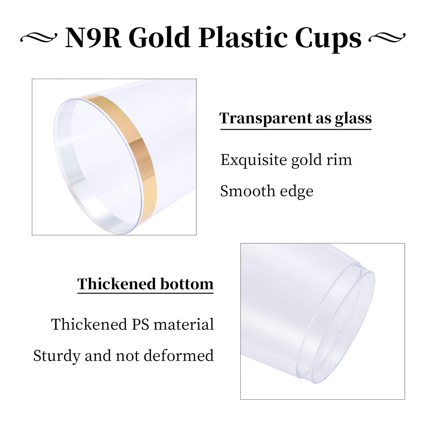 N9R 72 Pack Gold Plastic Cups, 12OZ Clear Plastic Cups with Gold Rim, Disposable Cups Perfect for Parties, Wedding and Birthday