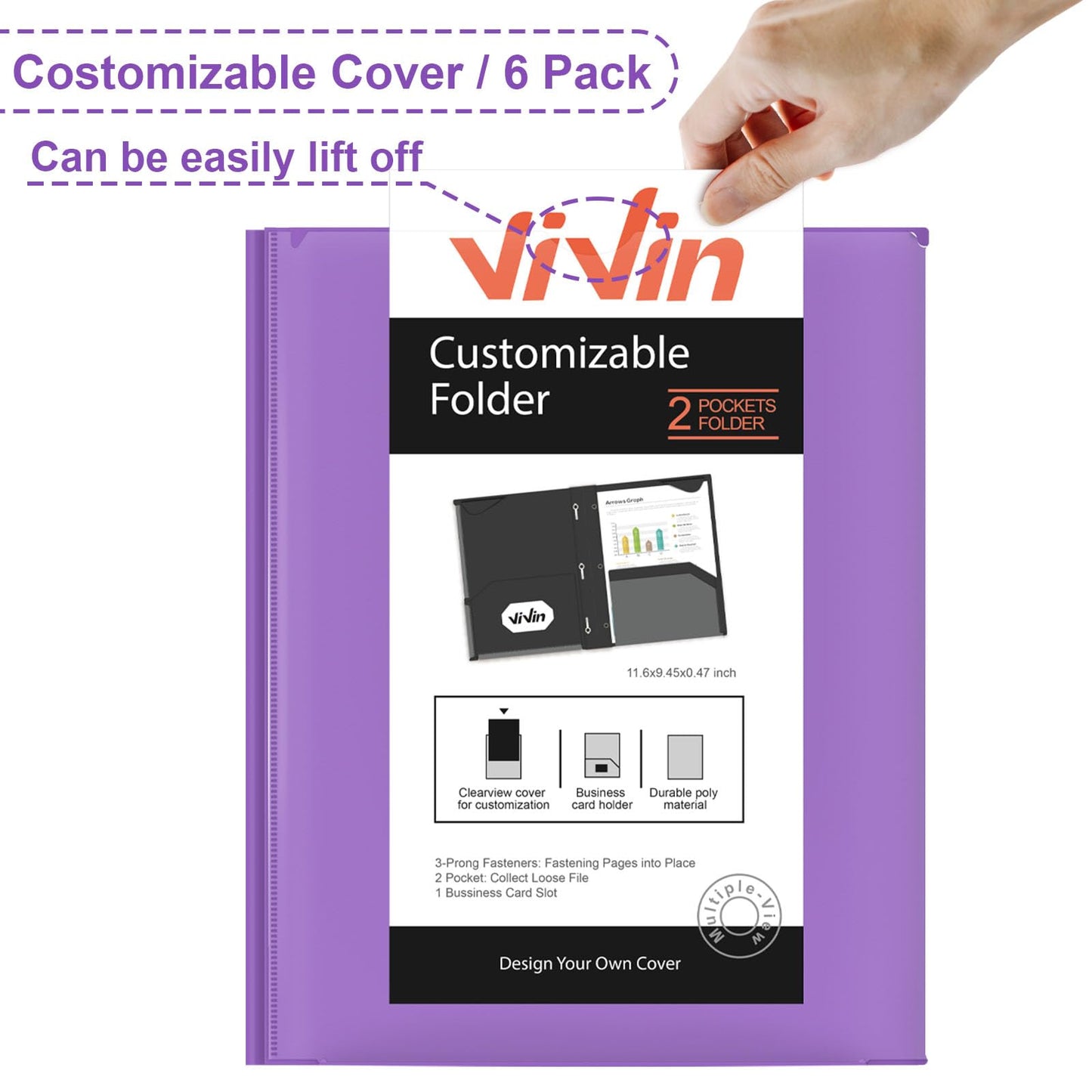 ViVin Heavyweight Plastic Folders with Pockets and Prongs, Two Pockets, Clear Front Pocket & Stay-Put Tabs, 6 Pack, Hold US Letter Size Paper, for School and Office - White