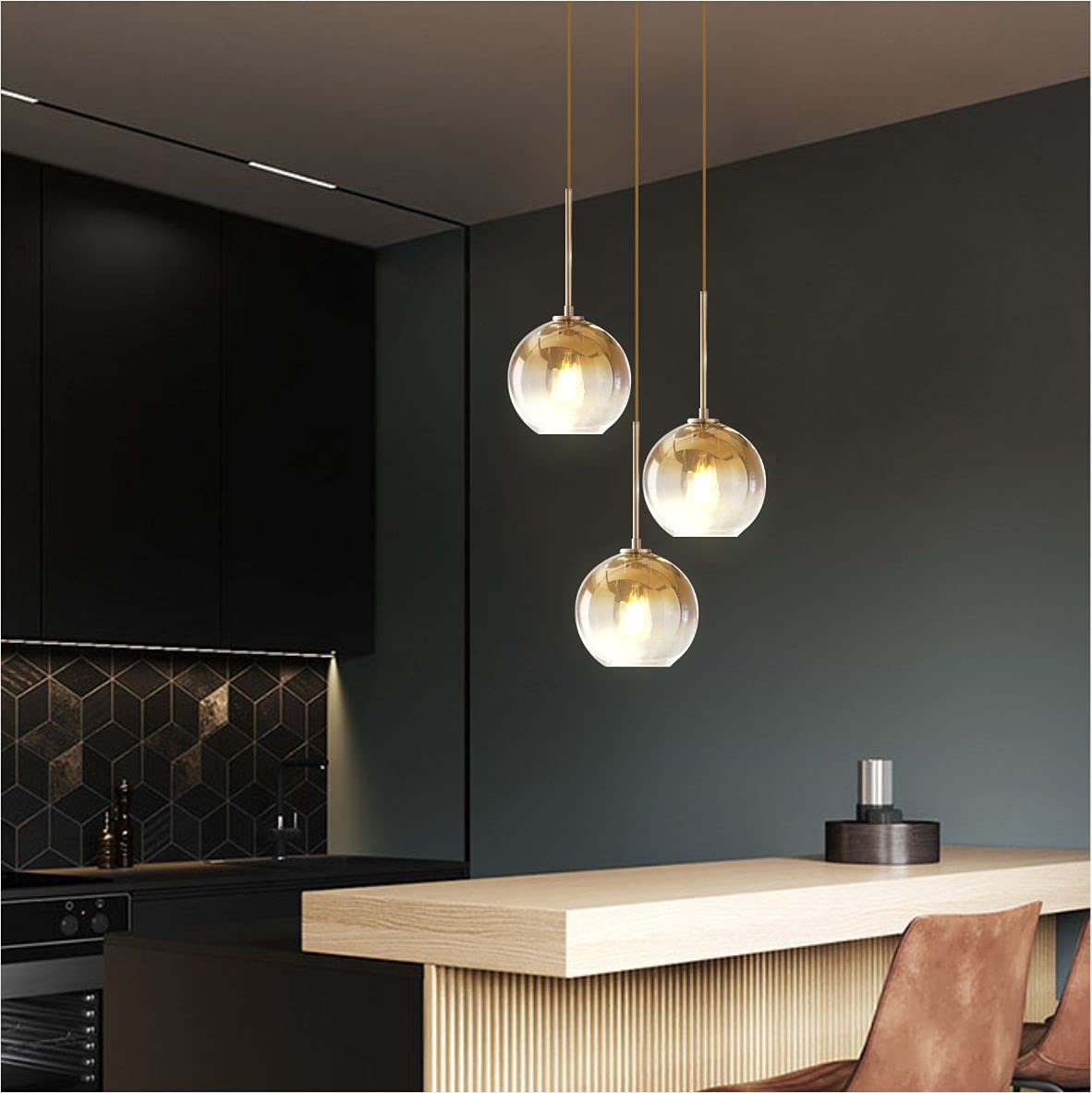 KCO Lighting Suspension en grappe dorée à 3 lampes Suspension en grappe Grandes suspensions en verre Lustre à bulles pour îlot de cuisine Suspension moderne du milieu du siècle 