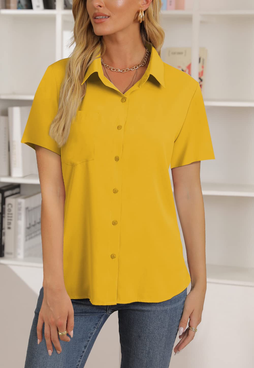 AISEW Damen Casual Button-Down-Hemden V-Ausschnitt Chiffon Lang-/Kurzarm Kragen Büro Arbeitsblusen Tops mit Tasche 