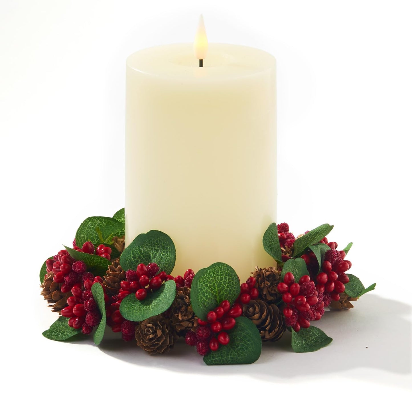 LampLust Christmas Candle Rings Wreaths, Set of 3, Mini Wreath with Mini Pine Cones & Red Berries, Fits 3 Inch Pillar Candles, Candle Rings for Pillars, Christmas Table Decor, Holiday Decorations