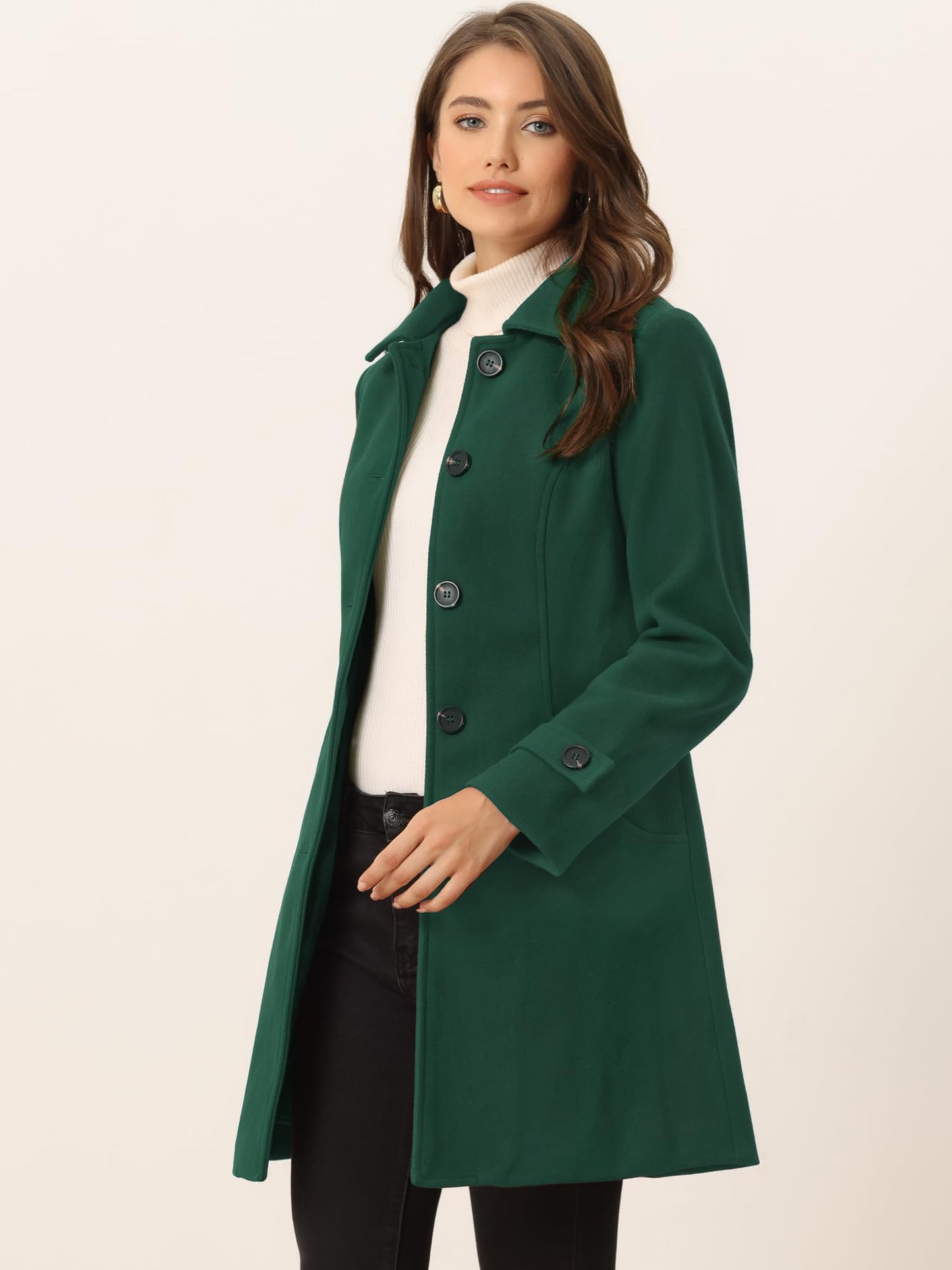 Allegra K Damen Winter Oberbekleidung Mantel Peter Pan Kragen Mitte Oberschenkel A-Linie Einreihig Pea Coat